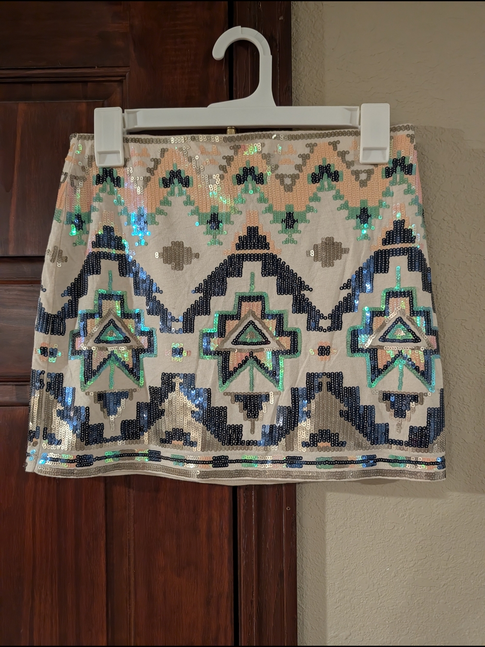 Express Sequin Aztec Mini Skirt in Cream, Navy and Teal